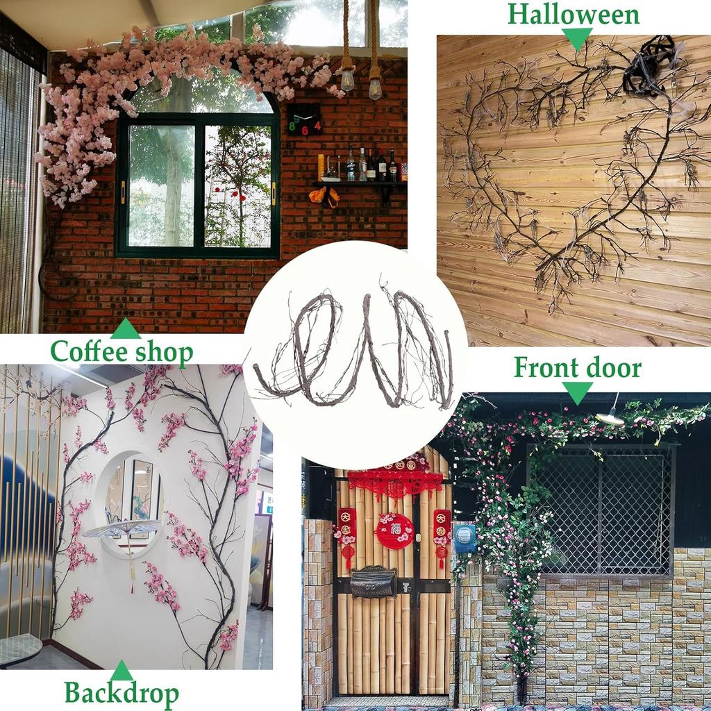 300cm/118inch Bendable Brown Small Artificial Tree Branches Fake Tree Trunk Garland Rattan Wreath Cherry Blossom Grape Vines Floral for Wall Hanging