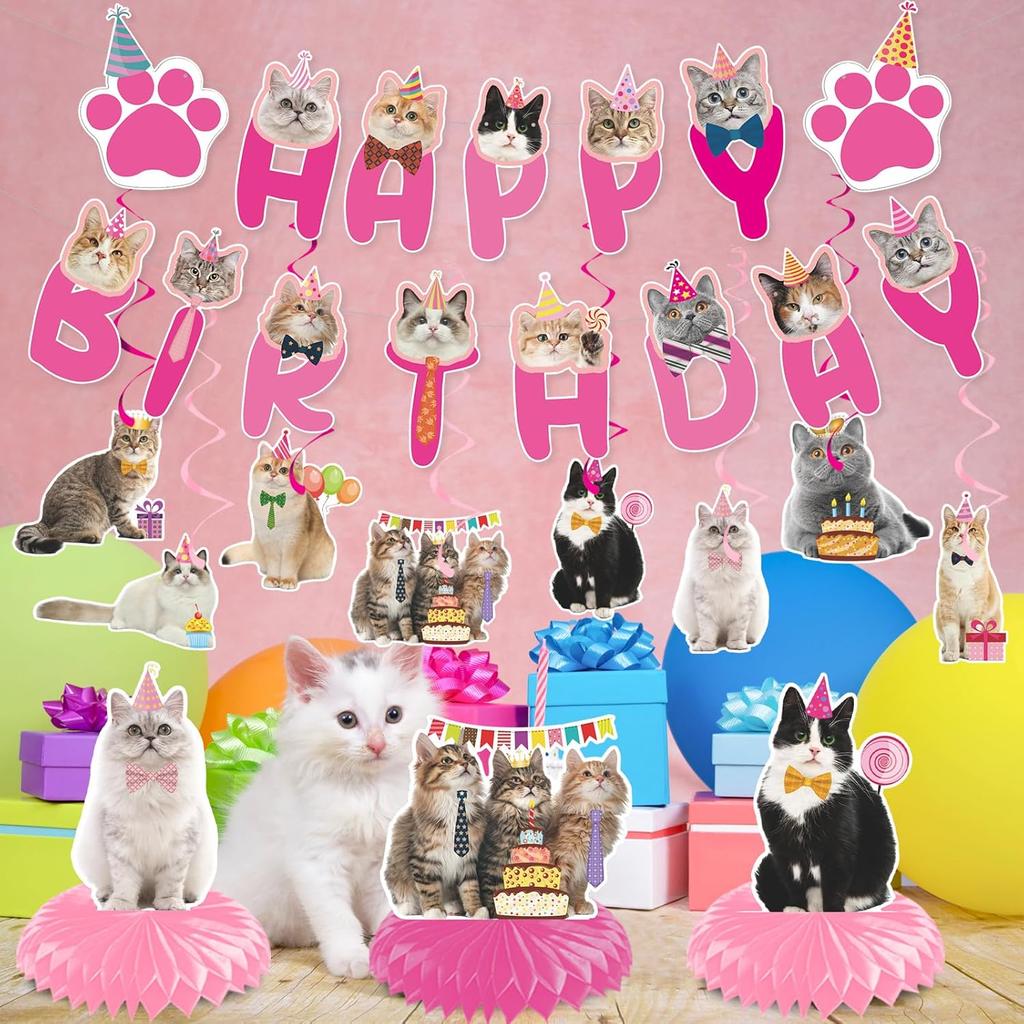 Cat Birthday Party Hanging Swirls - NOVBAUB 20PCS Lovely Pink Cat Birthday Party Supplies Honeycomb Centerpieces Cute Cat Theme Birthday Party
