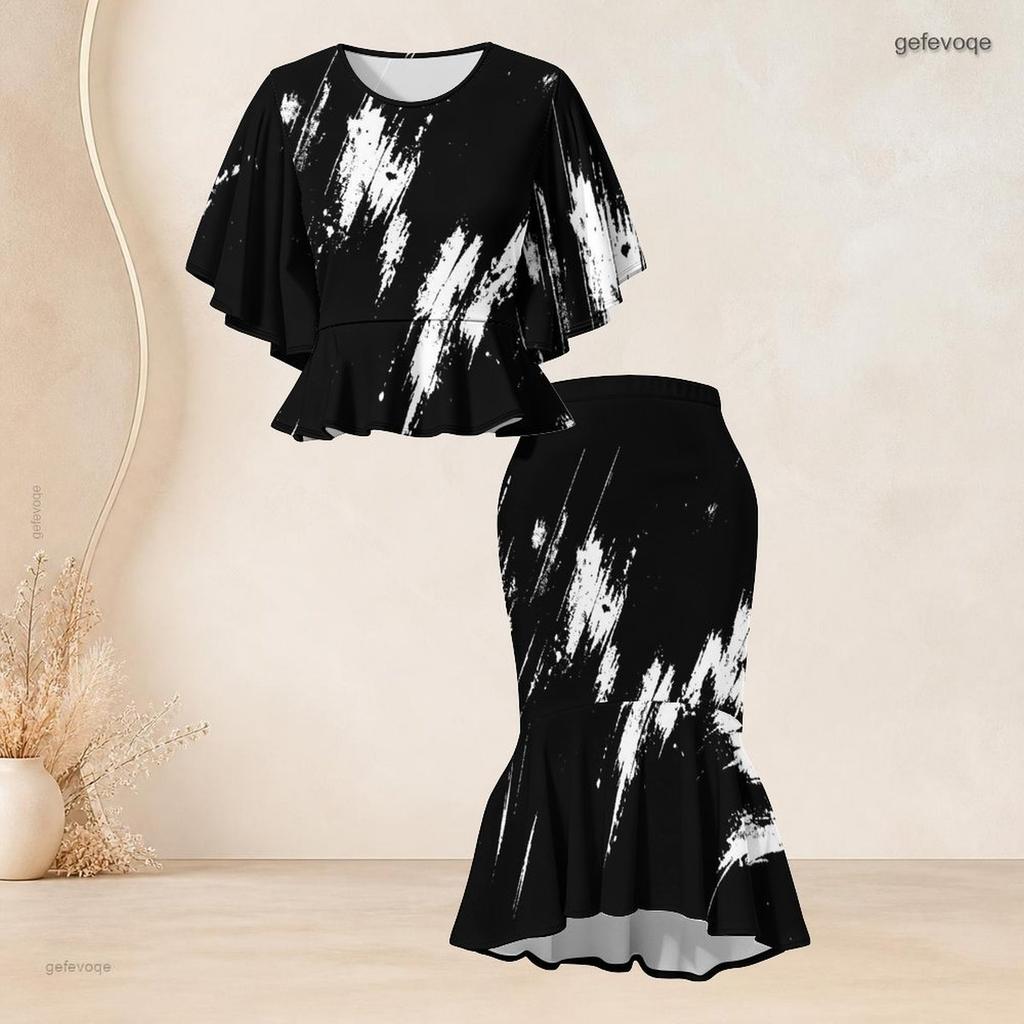 Women Plus Size Red Black Printed Round Neck Batwing Sleeve Ruffle Hem Top Fishtail Skirt Two Piece Set