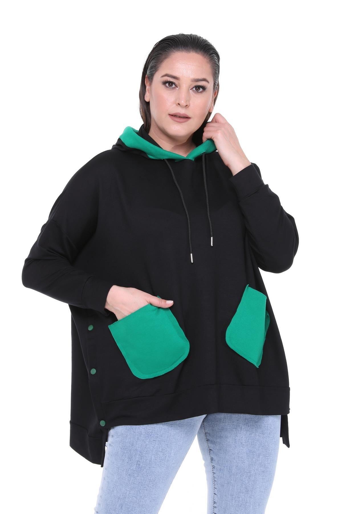 

Women s Style Big Size Sweatshirt Large Size Extra Comfortable Fit Black Sweatshirt With Green Pocket Detail XL