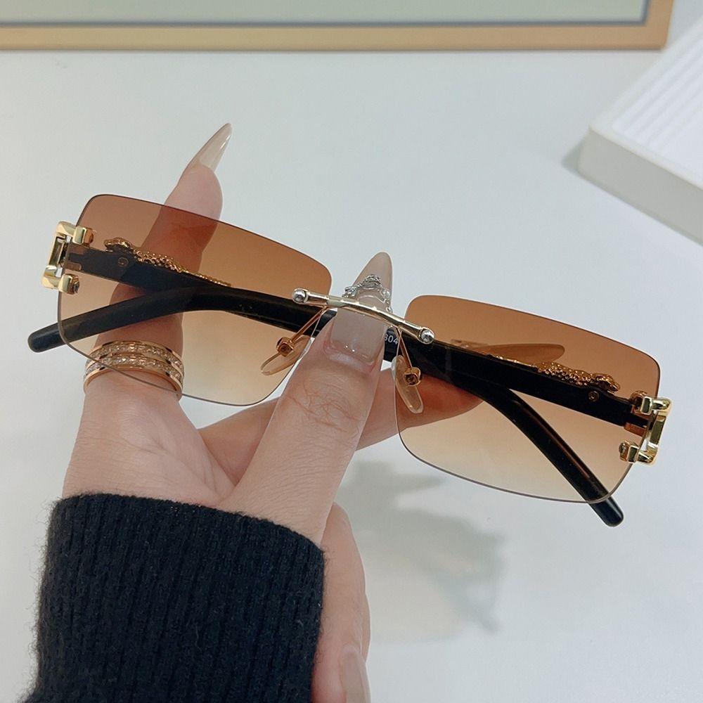Trendy Rectangular Sunglasses For Women Men Cut-Edge Rimless Shades Uv400 Protection Sun Glasses Leopard Decor Frameless Eyewear