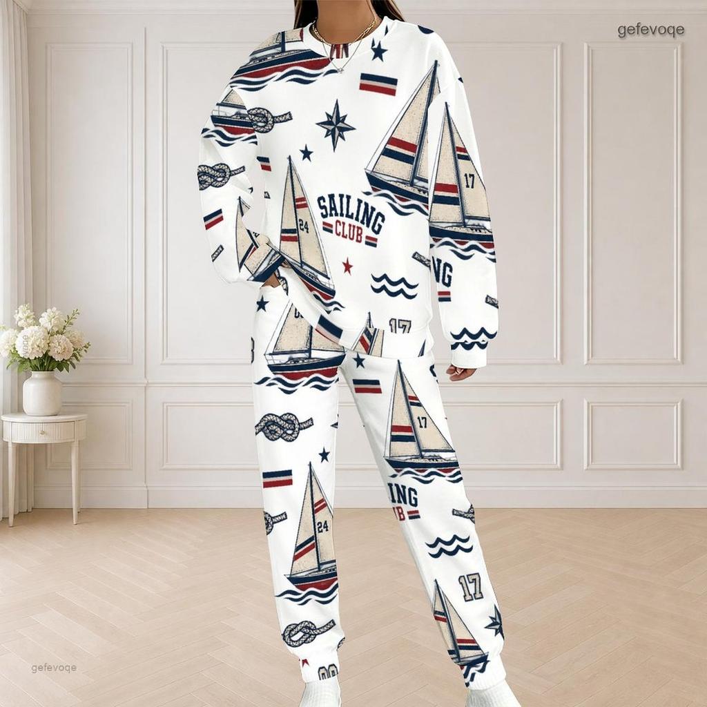 Women Plus Size White Sailboat Printed Round Neck Long Sleeve Top And Pants Two Piece Set