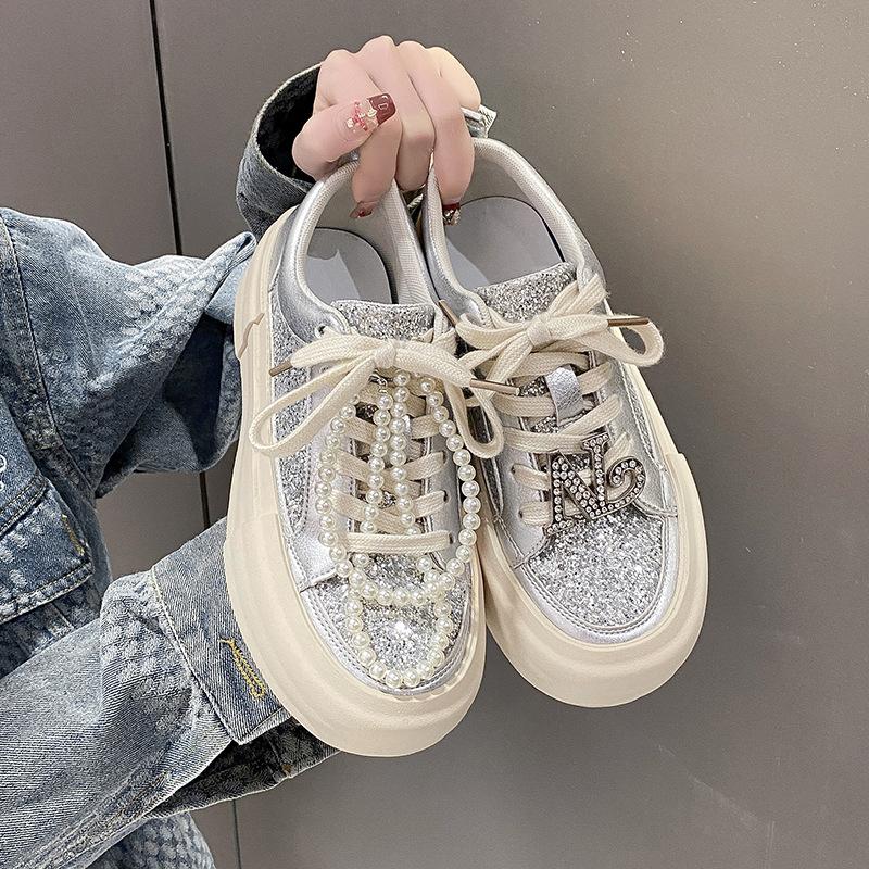 Thick-soled Fashion Board Shoes Women's 2025 New Spring and Autumn Models Versatile Popular Rhinestone Silver Sports and Leisure Shoes Trend