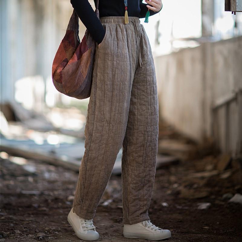 Johnature Women Vintage Winter Pants Elastic Waist Warm Tie-dye Trousers Winter Pockets Belt Casual Pants