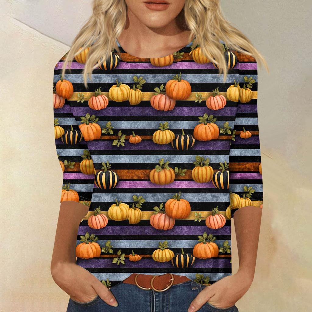 Dámské módní ležérní tričko s tříčtvrtečním rukávem a halloweenským potiskem, s kulatým výstřihem