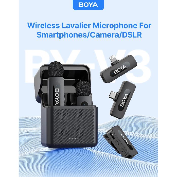 Microfono lavalier wireless BOYA BY-V3 con clip, microfono ricaricabile con cancellazione del rumore per iPhone, Android, fotocamera, live streaming, vlogging