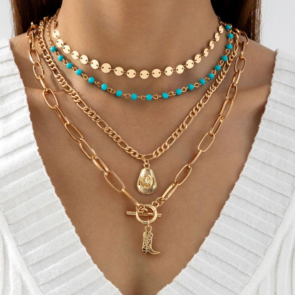 Vintage Bohemian Turquoise Beaded Multi-layer Necklace, Simple Geometric Disc Fringed Four-layer Necklace for Women