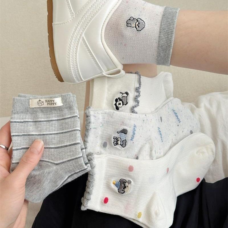 Sock Children's Summer Embroidery Dog Mid-length Socks, Cute Fabric Label, School-style Striped Pile Socks