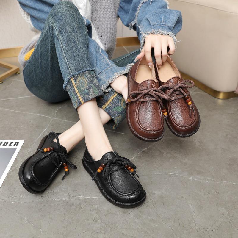 Women's Handmade Thick-Soled Lace-Up Wedge Shoes - Soft, Breathable Cowhide for Comfortable, Versatile Wear
