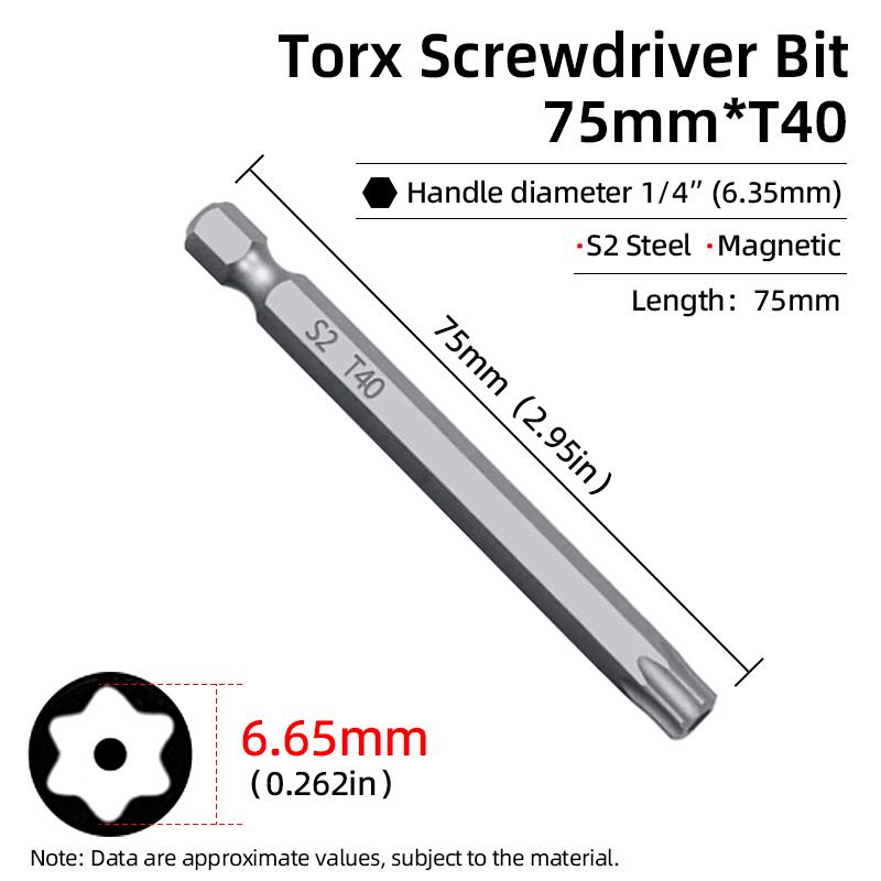 75mm Magnetische Torx Schraubendreherbits Security Manipulationssicherer Bit T6-T40 Hohlkopf Pflaumenblütenkopf S2 1/4'' Sechskant Hand Elektrowerkzeuge