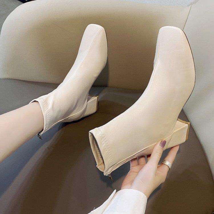 2021 Women's Square Toe Chunky Heel Martin Boots with Back Zipper - European & American Winter Style