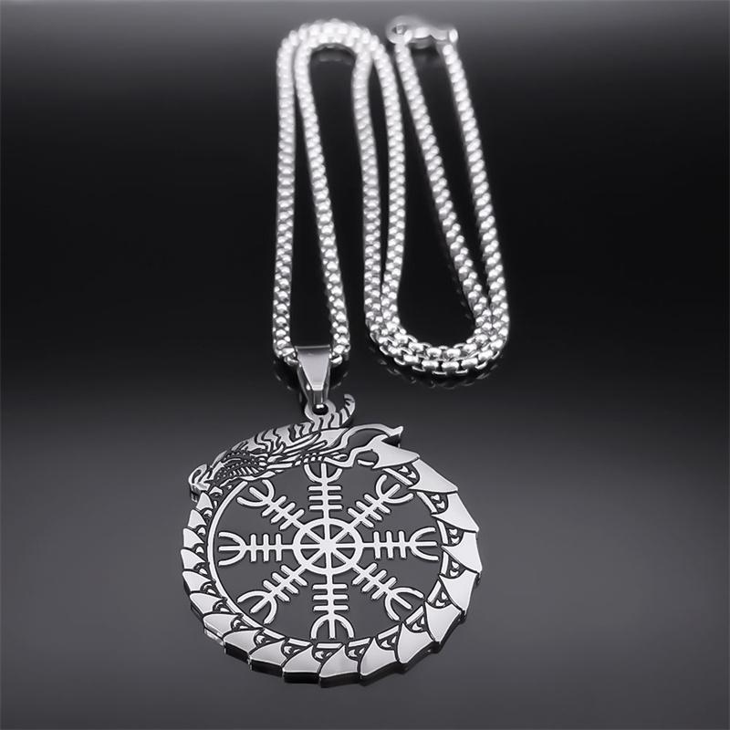 Viking Helm of Awe Compass Dragon Chain Necklace for Women Men Stainless Steel Aegishjalmur Scandinavian Necklace Jewelry N7959