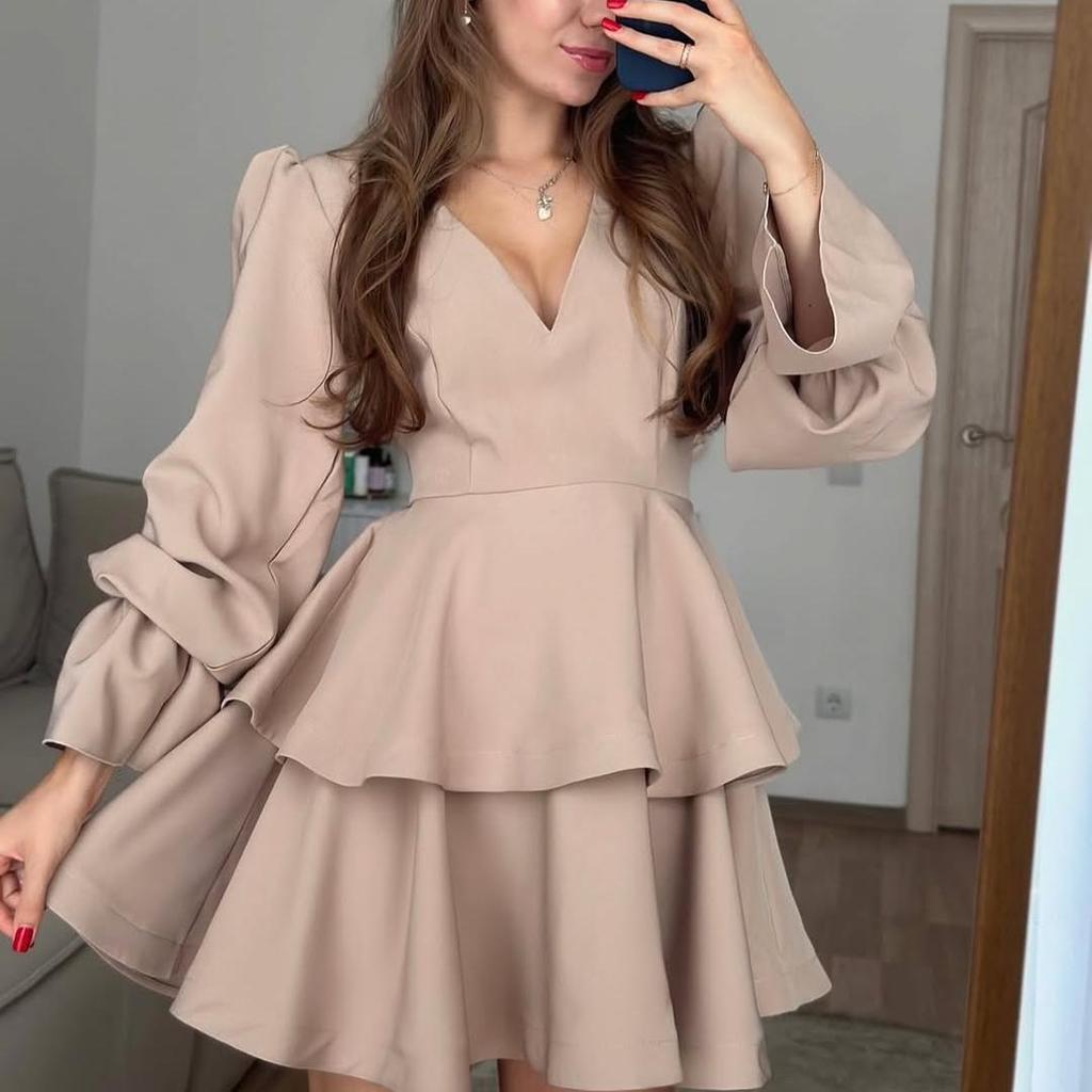 2026 Autumn V-Neck Ruffled Short Dress for Women: European & American Style