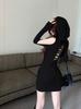 Wasteland style v-neck hooded dress for women's autumn pure desire hottie sexy backless hip-wrapped short skirt off-the-shoulder bottoming skirt