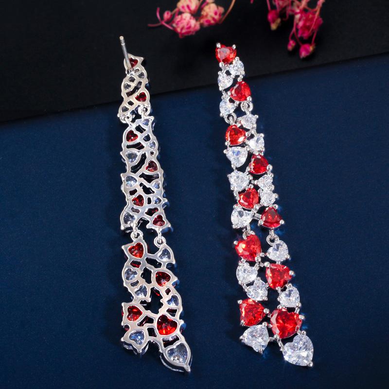 CMM Unique Love Heart Cut Sparkly Red Cubic Zirconia Long Dangle Drop Earrings for Women Jewelry Gift