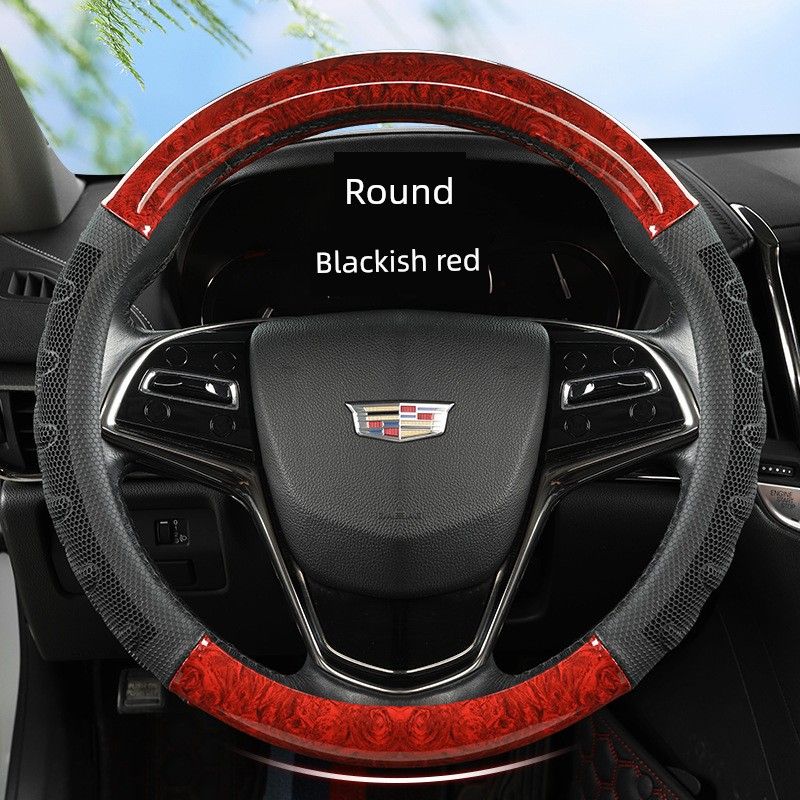 

Hy Crystal Peach Wood Grain Honeycomb Patch Car Steering Wheel Cover Simple Business Interior Accessories New Product Handle Cover Black and Red [Round] 38cm