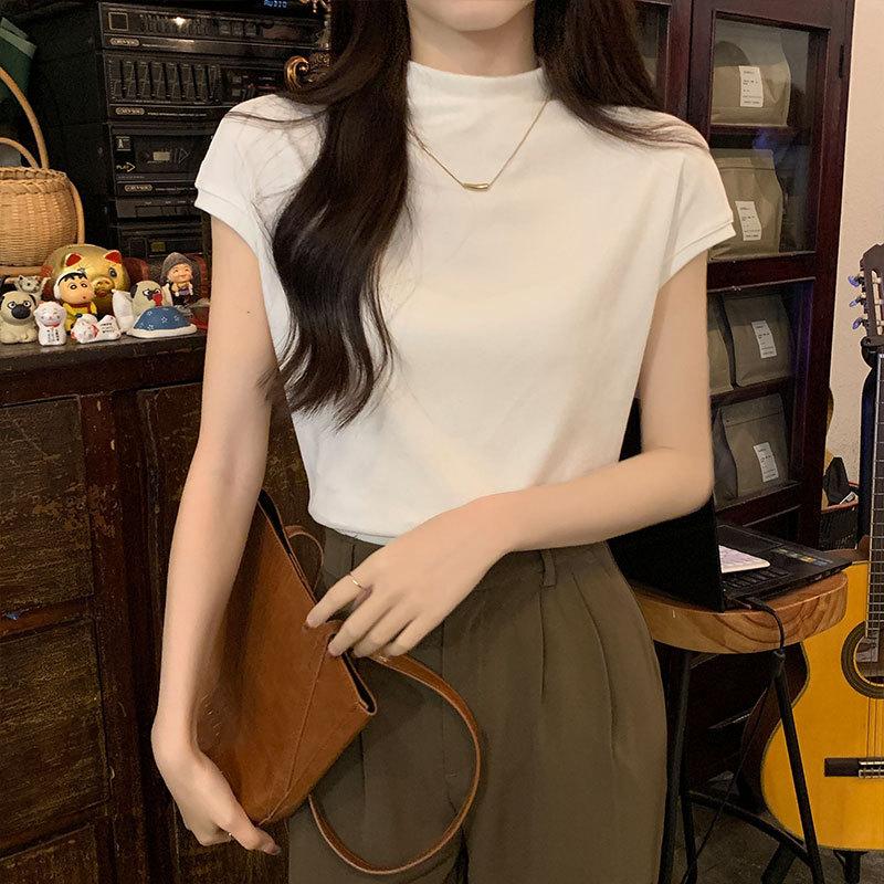 Summer new design half turtleneck solid color T-shirt for women to reduce age and look slim Hong Kong style chic simple bottoming shirt top