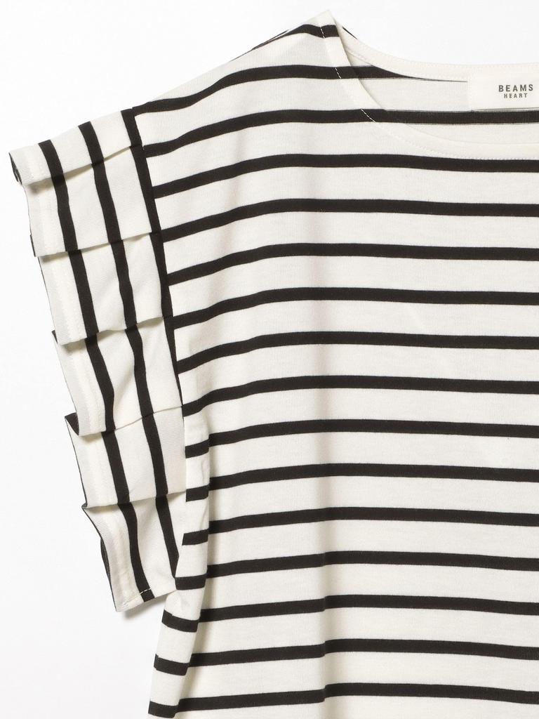 Beams Heart Tee with Tucked Sleeves and Striped Striped Off One Size S/S Pullover, Women's, White,