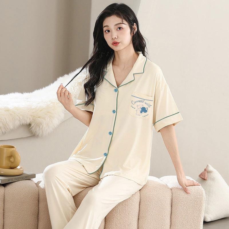 

Factory Pajamas Women S Two-Piece Set Japanese Simple Cardigan Short-Sleeved Trousers Loose Large-Size Loungewear Can Be Worn Outside M