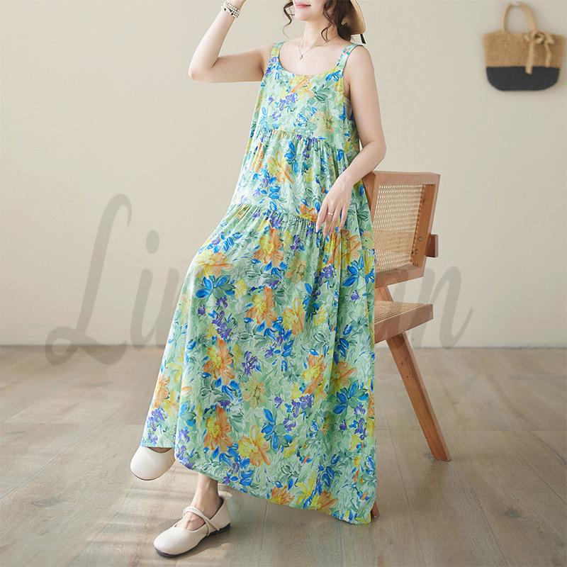 2026 Summer Cotton Linen Patchwork Maxi Dress with Sling Plus Size