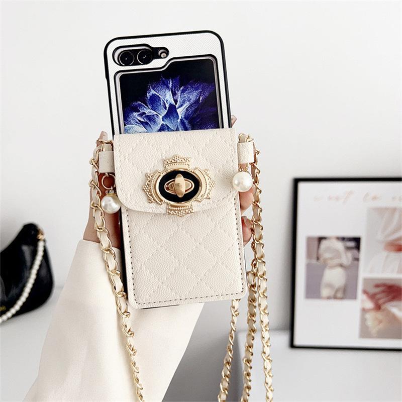 

For Samsung Zflip5 Lock Flower Wallet Phone Case P50pocket Crossbody Rope Chain Folding Flip For Samsung ZFlip3