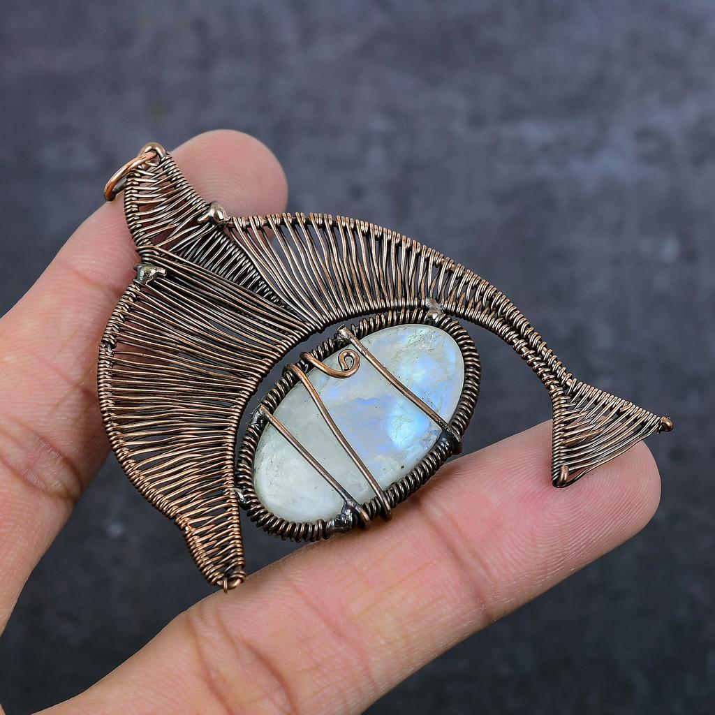 Moonstone Handmade Copper Wire Wrap Jewelry Pendant 2.96" c2C94