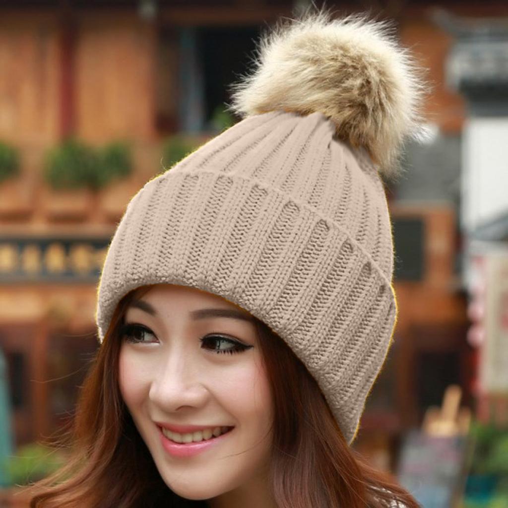Women Winter Warm Knitted  Cute  F-ur Ball Yarn Hat
