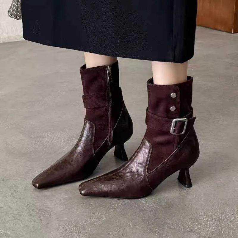 High Heels Women Ankle Boots Elegant Metal Decoration Woman Modern Boot Side Zipper Sexy Soft Leather Women'S High Boots