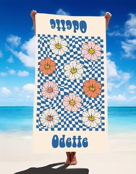 Custom Name Retro Flower Checkerboard Beach Towel, Microfiber Quick Dry Absorbent Towel for Swimming Camping Travel 50X100cm &1pc
