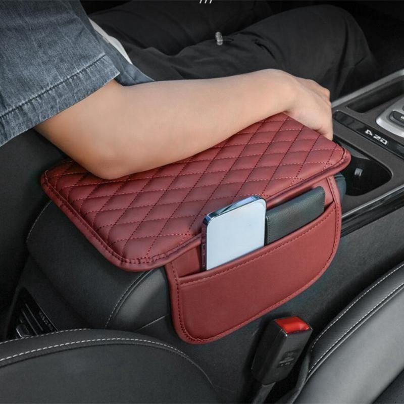PU Leather Car Armrest Box Heightening Pad with Side Storage Bag Car Armrest Box Cushion Organizer Car Interior Accessories