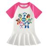Summer Cartoon Raglan Color Block Pleated Dress for Girls - Stylish Short Sleeve Ruffle Skirt