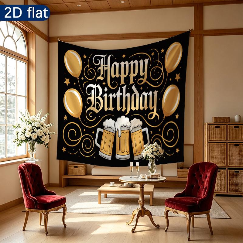 Golden Balloons Gifts Beer Mugs Birthday Party Backdrop, Polyester Banner for Photo Background & Decor