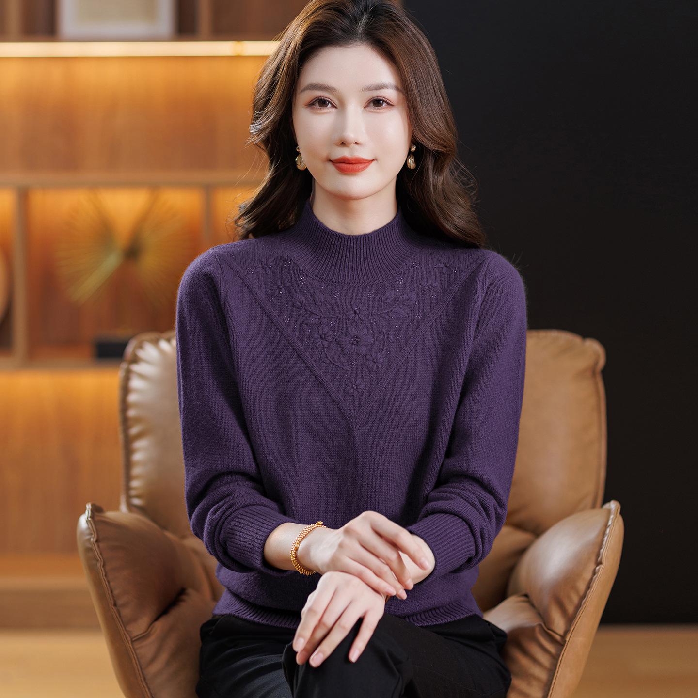 

Women s Pure Wool Half-High Collar Sweater: Autumn/Winter Base Layer for Middle-Aged & Elderly – Warm & Thick. L (100-115 jin) фиолетовый
