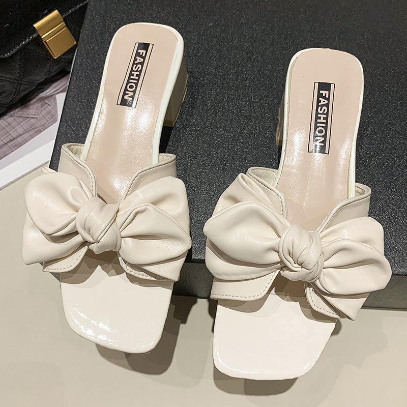 

Босоножки новый женский модный тренд средний каблук толстый каблук полушлепки бант одно слово шлепки верхняя одежда квадратный носок 41 бежевый