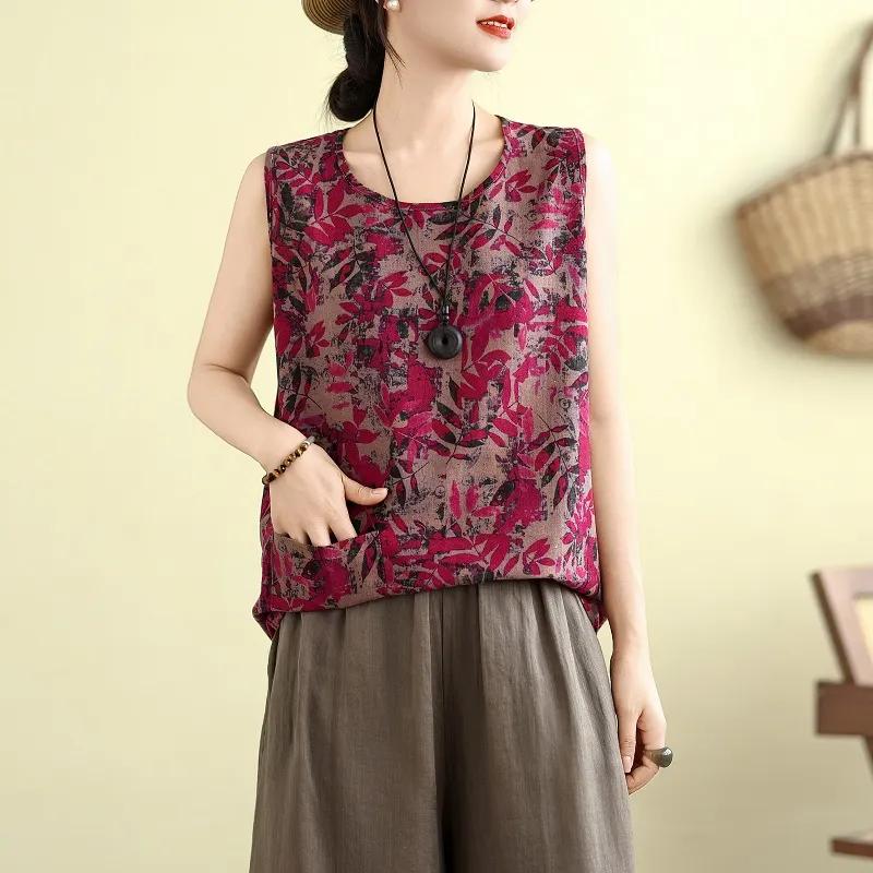 Literarisch Retro Bunt Trägerhemd Sommer Neu Lässig Locker Vielseitig Baumwolle und Leinen Mutter Ärmelloses Oberteil