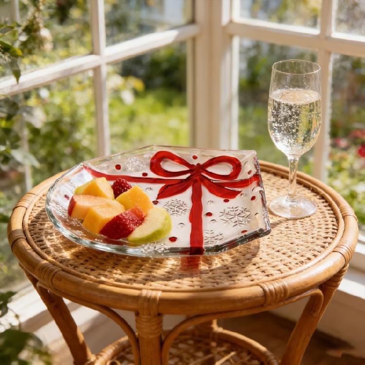 Stylish Glass Cake Storage Bowl Multifunctional Candy Tray Afternoon Tea Cake Plate Adorned With Red Bowknot