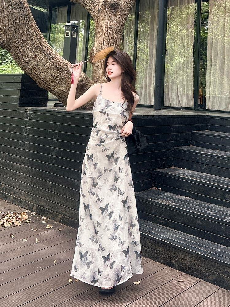 New Chinese ink butterfly printing suspender dress femininity long skirt 2026 summer new
