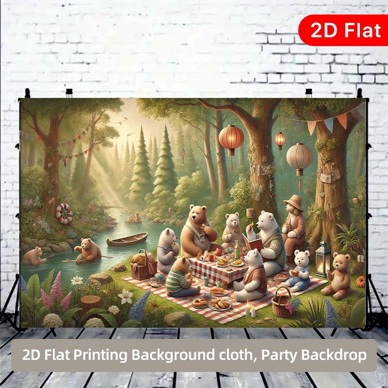 2D Plane Bear Family Forest Picnic Indoor and Outdoor Party Banner Suitable for Birthday Wedding Ball Party Polyester