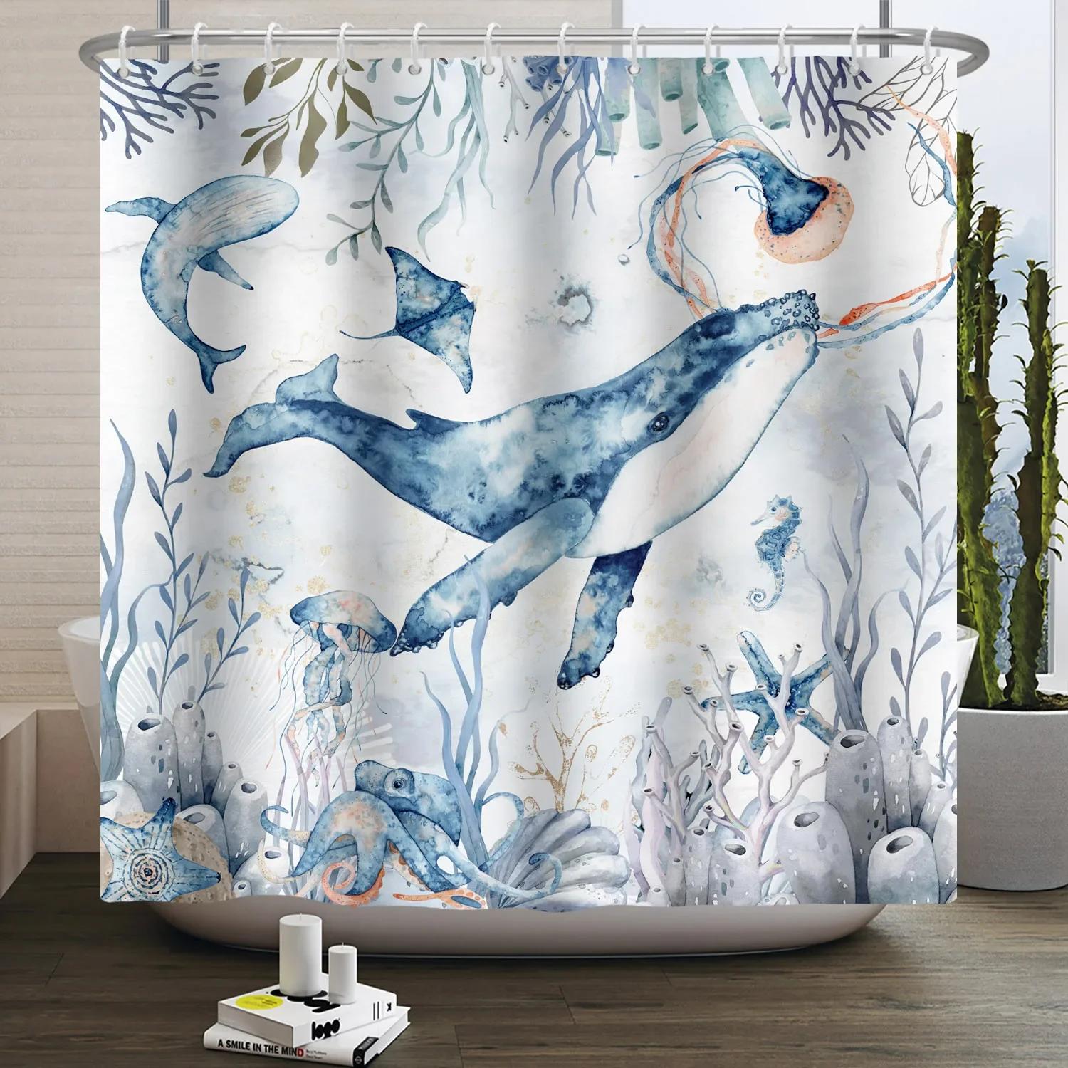 

Кит Морское животное Узор Занавеска для душа Коралл Ракушка Раковина Ванная комната Подвесные крючки Водонепроницаемая Непрозрачная Перегородка для душа 90x180cm-35x70in
