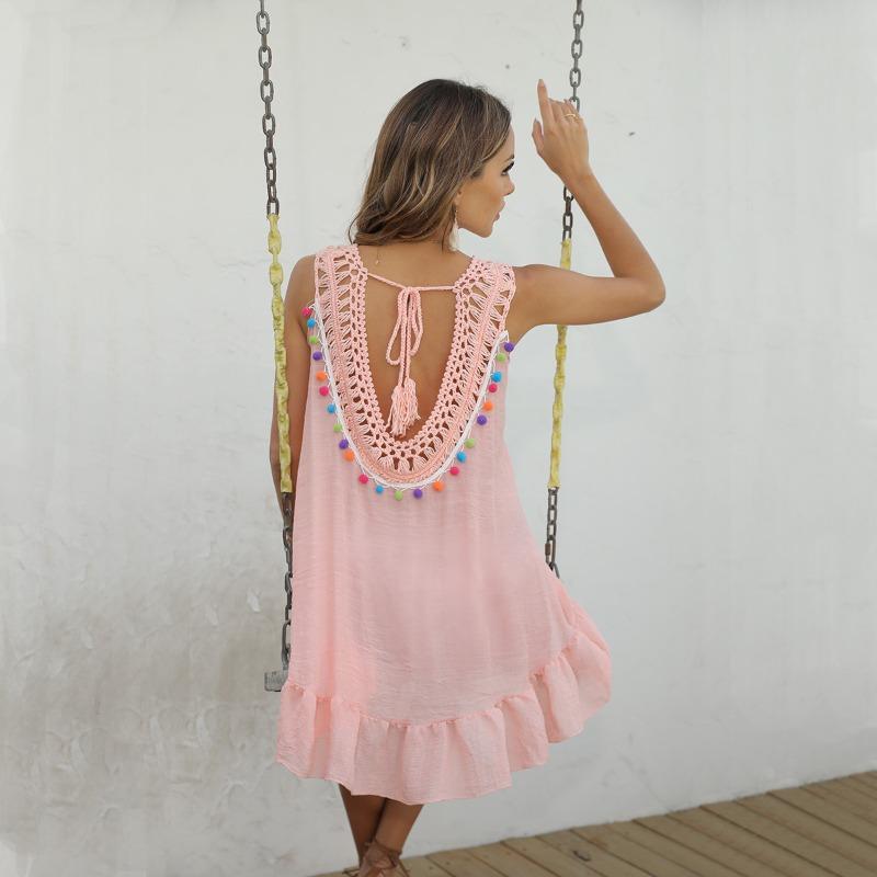 Damen-Strandkleid, ärmellos, Haarballen-Quasten-Abdeckungskleid, sexy, rückenfrei, hohle Strandkleider