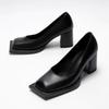 Fashion Luxury Designer Women's Pumps Sexy Square Toe Chunky Heel High Heels Black Soft Leather Elegant Evening Dress Shoes for Women