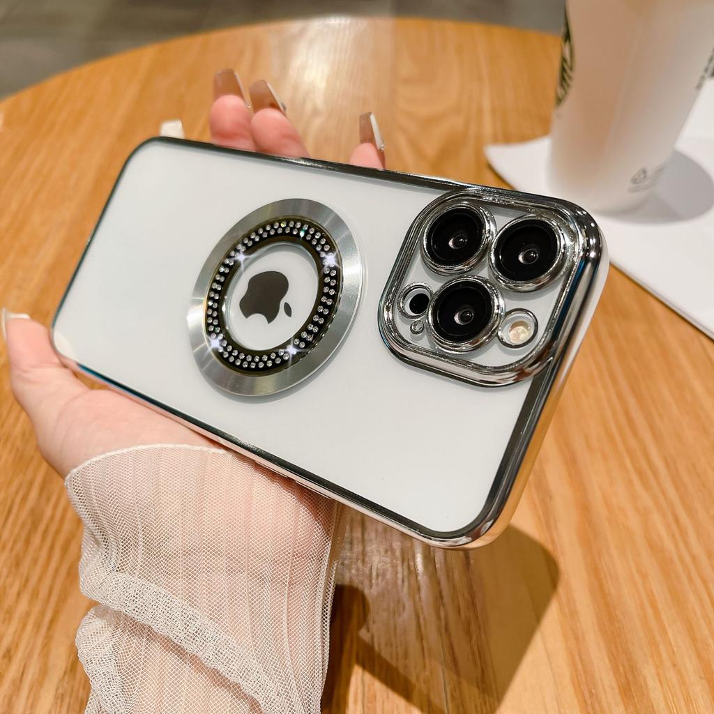 Applicable To IPhone17proMax Inlaid with Diamonds and Leakage Mark Magnetic Suction Phone Case Apple 16 Electroplated Anti Fall Protection Case 15
