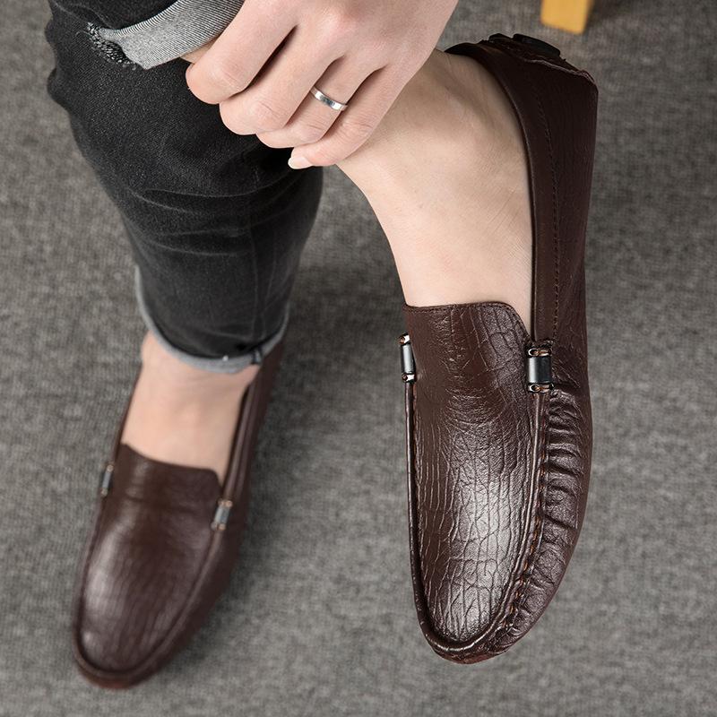 Men's Round Head Casual Single Shoes Sleeve Doudou Shoes Breathable Flat Heel Light First Layer Cowhide Large Size