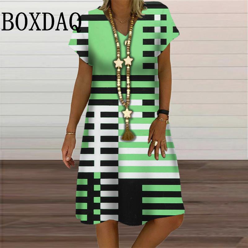 Geometric Stripe Plaid Dresses For Women 2024 New Fashion Plus Size Dress Summer Casual Short Sleeve V-Neck Pullover Loose Dress