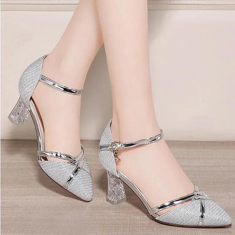 Women's Sandals, Party High Heels, Women's Solid Color, Sexy, High-quality Wedding Party, Sequined Buckle Women's Shoes
