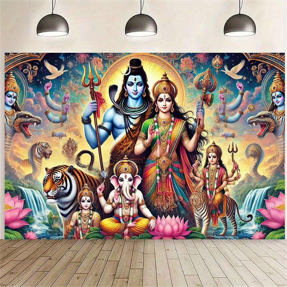 Shiva Familie Wandtapijt Hindoeïstische God Parvati Ganesha Kartikeya Canvas Kunst Wanddecoratie Tempel Huis Decoratie Spiritueel Cadeau Yogakamer 120x180 cm