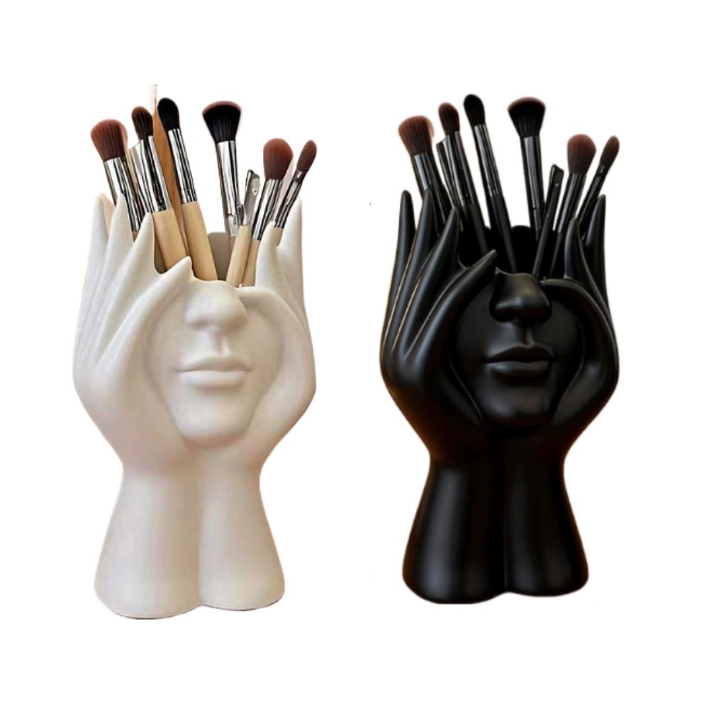 2pcs Human Face Art Desktop Decoration Makeup Brush Holder Vase with Makeup Eyebrow Pencils Home Organizer Multifunctional