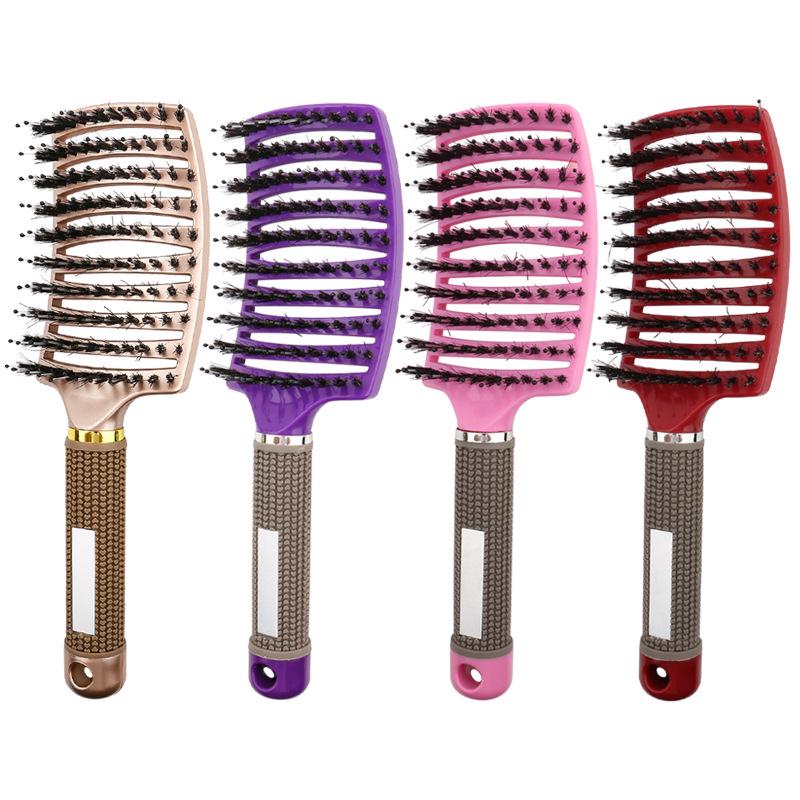Large Anti-Static Curved Massage Comb for Curly Hair - Pig Bristle, Nine-Row, Plastic