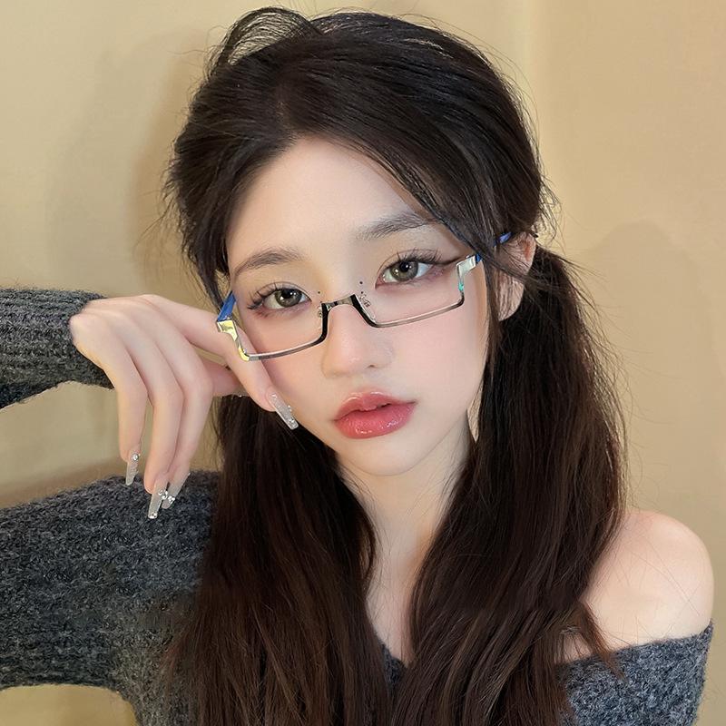 Anime Lower Half Frame Glasses Women Anime Decorative Glasses Ins Trend Metal Rectangular Eyeglasses Decoration