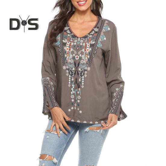 

Женская рубашка в стиле бохо с вышитым цветочным узором, расклешенный длинный рукав, V-образный вырез, пуловер, повседневная одежда для офиса и путешествий S серый